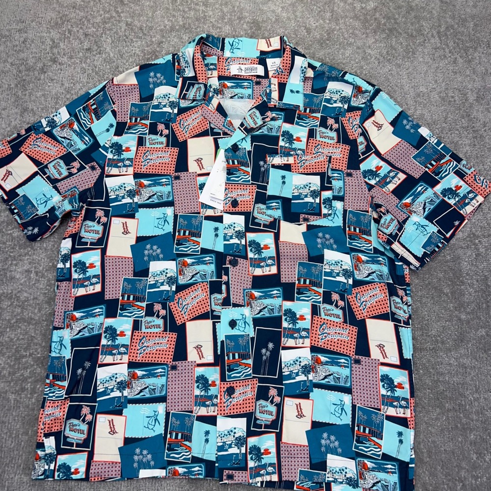 ORIGINAL PENGUIN Men's Large Camp Shirt Stretch Retro Vacation Postcards NWT